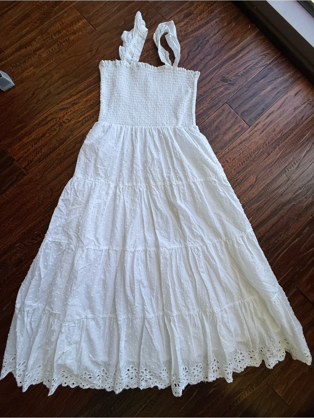 Zunie White Smocked Tiered Eyelet Maxi Dress. Never warn